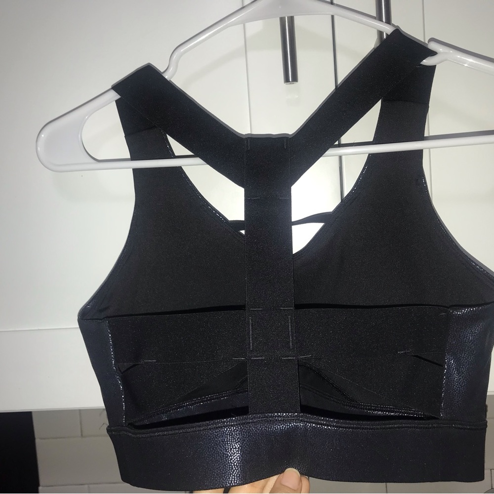 Puma sport bra, activewear, top, black and metallic dark blue. Women XS - Picture 2 of 2